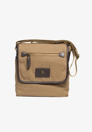 Geantă poștaș din pânză în nuanță de maro deschis, cu accente din piele maro. Dispune de un capac cu clapetă, buzunar frontal cu fermoar și bretea de umăr reglabilă.