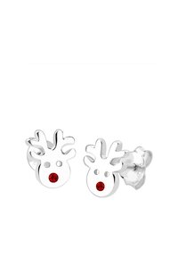 Söta silverörhängen med renar som har horn och en röd rhinestonesnäpp. Slät metallfinish med rundad och lekfull design.