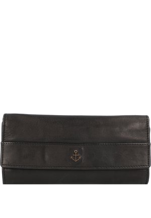 Black leather wallet with a smooth texture, featuring a front flap, embossed anchor detail, and stitched edges. Compact and rectangular shape.