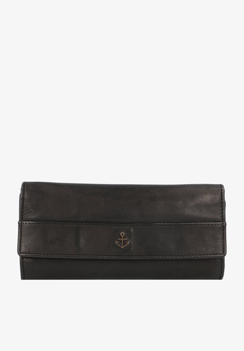 Black leather wallet with a smooth texture, featuring a front flap, embossed anchor detail, and stitched edges. Compact and rectangular shape.