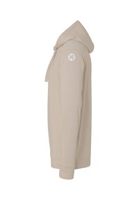 Felpa beige con cappuccio, tasca a marsupio, maniche lunghe, polsini a costine e logo sulla parte superiore del braccio. Realizzata in tessuto morbido.