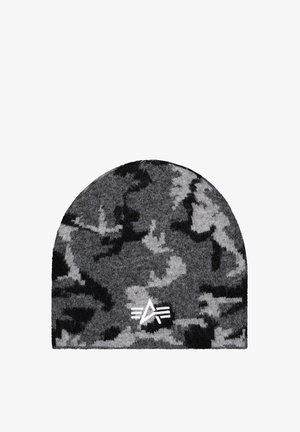 Gray and black camouflage knit beanie with a white embroidered logo featuring a triangle and three horizontal lines.
