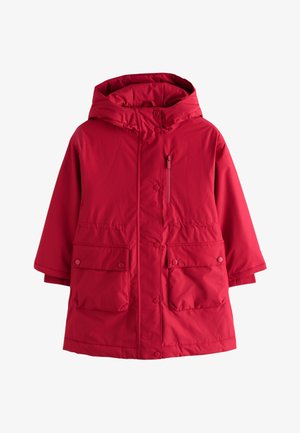 Manteau d'hiver rouge isolé avec capuche, boutons-pression, poche avant zippée et deux grandes poches à rabat à l'avant.