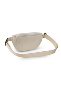 Marsupio beige realizzato in tessuto resistente, con un compartimento con cerniera, cinturino regolabile e superficie liscia. Forma compatta e design minimalista.