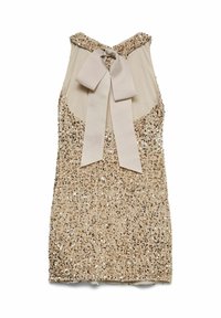 Bežs zīda kleita ar pieguļošu korpusu, apaļu kakla izgriezumu un lielu loku aizmugurē. Īsas garums ar teksturētu, spīdīgu virsmu.