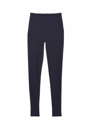 Navy leggings made from soft cotton blend. Features an elastic waistband, slim fit, and smooth texture. No visible embellishments.