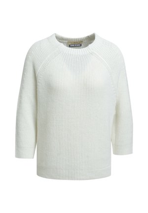 Weißer Strickpullover mit Dreiviertelärmeln, Rundhalsausschnitt und gerippten Bündchen an Ärmeln und Saum, mit Soul Studio-Branding im inneren Kragen.
