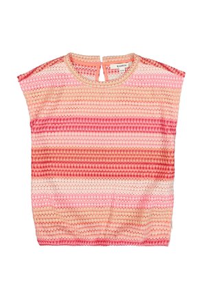 Roze en koraal gestreept top met een ronde hals, korte mouwen, een gestructureerd gebreid patroon en een knoopsluiting aan de achterkant.