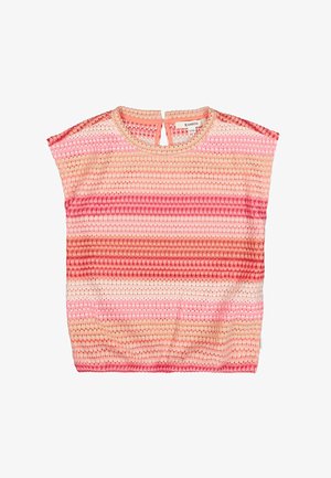 Top a rayas rosa y coral con escote redondo, mangas cortas, patrón de punto texturizado y cierre de botones en la parte trasera.