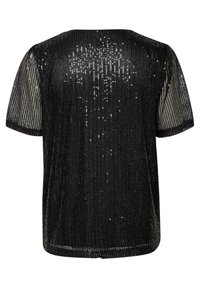 Svart paljettopp med avslappnad passform, korta ärmar och en glittrande textur med vertikala ränder av paljetter.