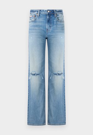 Light blue denim jeans with a high waist, wide-leg fit, distressed details at the knees, and subtle fading throughout the fabric.