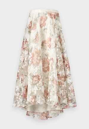 Floral midi skirt in sheer fabric, featuring a high-low hem, with pastel-tone flowers in pink, white, and green on a cream background.