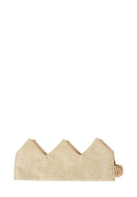 Corona di glitter dorato con un design a zigzag, caratterizzata da una base texture e un accento arricciato. Un accessorio stravagante per celebrazioni o eventi.