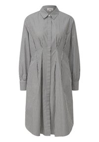 Gestreiftes Hemdkleid mit Kragen, langen Ärmeln, Knopfleiste und plissierten Details. Es hat ein schwarz-weißes Streifenmuster und einen lockeren Schnitt.