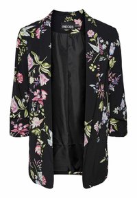 Blazer negro abierto al frente con patrones florales en rosa, púrpura y verde y mangas tres cuartos, con etiqueta "PIECES" en el interior del cuello.