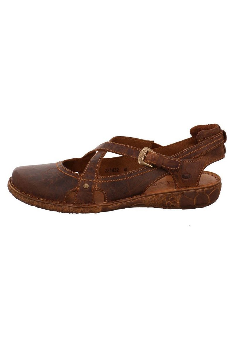 Brown leather sandal with cross-strap design, adjustable buckle, and textured rubber sole. Features open sides for breathability.