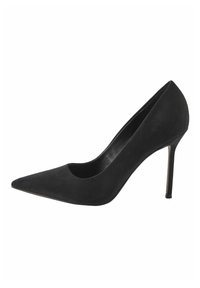 Pumps neri in suede con tacco alto, punta affilata e dettaglio a taglio sulla tomaia, dotati di tacco a stiletto sottile e suola liscia.