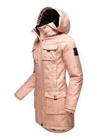 Roze parka-jack met een capuchon, voorzien van vier voorzakken, rits sluiting en geribde manchetten. Gladde stof met een subtiele glans.