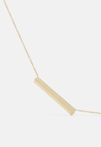 Gold-colored necklace featuring a horizontal bar pendant with a textured herringbone pattern, suspended on a delicate chain.