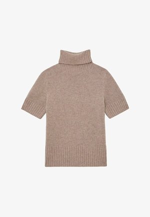 Rövid ujjú, magas nyakú pulóver világos bézs kötött anyagból. Bordás mintázat található a nyakrészen és az alsó szegélyen. Puha tapintású, laza szabású.