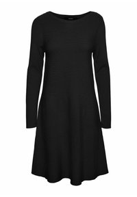 Robe noire à manches longues avec un col rond, en tissu texturé, présentant une silhouette évasée et une coupe à mi-genoux.