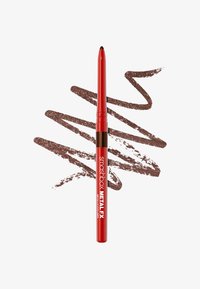 Rød eyeliner blyant med en spids spids. En brun metallisk linje snor sig bagved den og viser produktets anvendelse og tekstur.