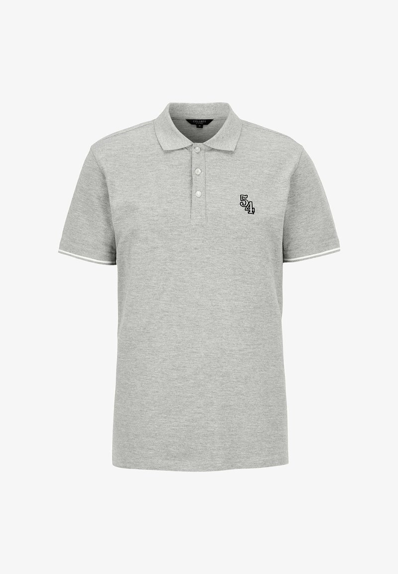 Grå polo skjorte lavet af bomuld med klassisk krave, tre knapper og et sort broderet nummer "54" på venstre bryst. Hvide accenter på ærmerne.