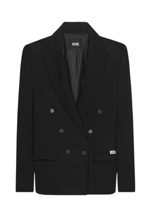 Blazer doppiopetto nero con sei bottoni, rever a lancia, tasche con patta e etichetta del marchio GCDS sul colletto interno e sulla tasca frontale.