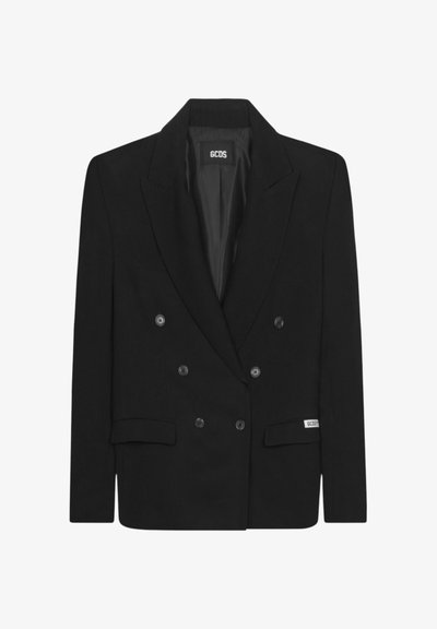 Blazer doppiopetto nero con sei bottoni, rever a lancia, tasche con patta e etichetta del marchio GCDS sul colletto interno e sulla tasca frontale.