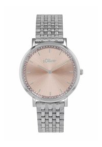Silberne Uhr mit einem Armband aus Edelstahl, rundem Zifferblatt, strukturiertem pinkfarbenem Ziffernblatt und Kristallakzenten auf der Lünette. Markenname: s.Oliver.
