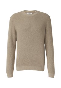 Beige gebreide trui met lange mouwen, ronde hals, ribbelmanchetten en -zoom. Getextureerde stof met een consistent patroon, eenvoudig ontwerp, zonder versieringen.