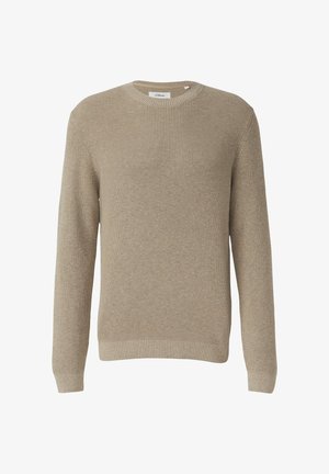 Beige gebreide trui met lange mouwen, ronde hals, ribbelmanchetten en -zoom. Getextureerde stof met een consistent patroon, eenvoudig ontwerp, zonder versieringen.