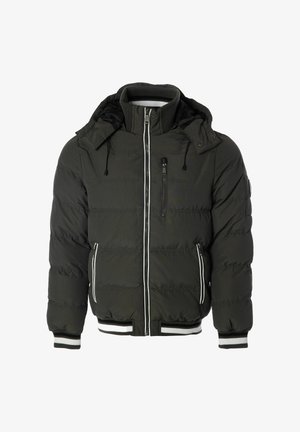 Mørkegrøn pufferjakke med aftagelig hætte, hvide accenter, lynlåslommer og ribbede manchetter. Har en lynlåslukning foran og quiltet tekstur.