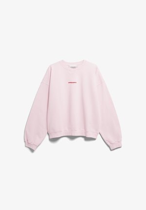 Hellrosa langärmliges Sweatshirt mit gerippten Bündchen und Saum, kleines rotes "ARMEDANGELS"-Logo mittig auf der Brust.