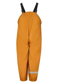Orange vandtætte overaller med sorte justerbare stropper og elastiske manchetter. Har en refleksstribe på underbenet for synlighed.