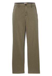 Olive green cotton trousers with a straight-leg cut, featuring a button closure and belt loops. Smooth texture with subtle stitching details.