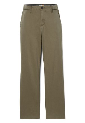Pantalons en coton vert olive avec une coupe droite, dotés d'une fermeture à bouton et de passants de ceinture. Texture lisse avec de subtils détails de couture.