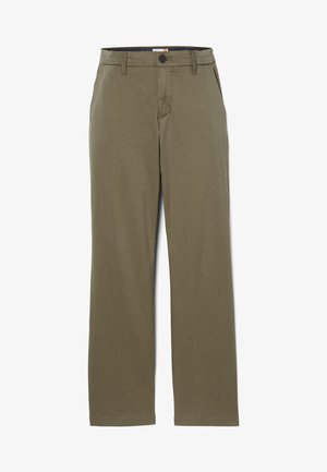 Olive green cotton trousers with a straight-leg cut, featuring a button closure and belt loops. Smooth texture with subtle stitching details.