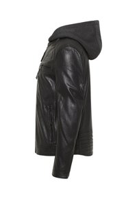 Black leather jacket with a gray hood. Features include a front zip pocket, ribbed accents on shoulders, and smooth texture.