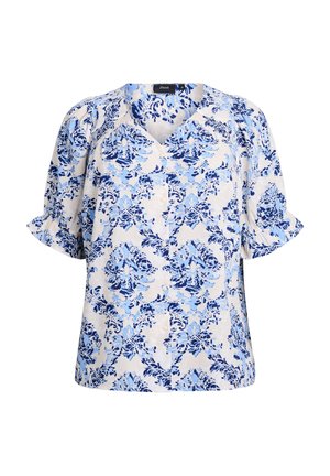 Kratka bluzica s kratkimi rokavi iz lahkega materiala ima zapleteno modro cvetlično široko na kremni podlagi. V-izrez z gumbi.