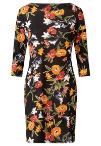 Blomsterkjole med sort baggrund og orange, røde og hvide blomster. Designet med lange ærmer og rund halsudskæring.