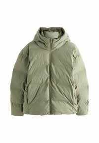 Svetlozelená prešívaná bunda s kapucňou, so zipsom na prednej strane, veľkými bočnými vreckami a prešívanou štruktúrou. Jemný, izolačný materiál.