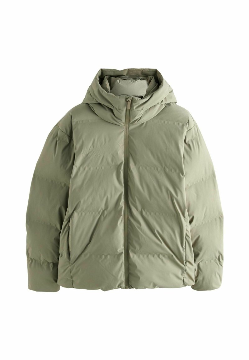 Svetlozelená prešívaná bunda s kapucňou, so zipsom na prednej strane, veľkými bočnými vreckami a prešívanou štruktúrou. Jemný, izolačný materiál.