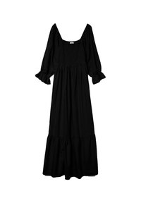 Robe maxi noire avec décolleté carré, buste smocké, manches bouffantes et ourlet évasé. Fabriquée en tissu léger avec une texture douce.