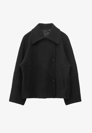 Schwarze, kurze Jacke aus Wollmischung mit weitem Kragen, langen Ärmeln, zwei vorderen Leistentaschen und Knopfleiste.