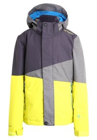 Ski bunda s designem v šedé a jasně žluté barvě s bloky barev, obsahující kapuci, zipové kapsy a nastavitelné manžety. Vyrobena z voděodolného materiálu.