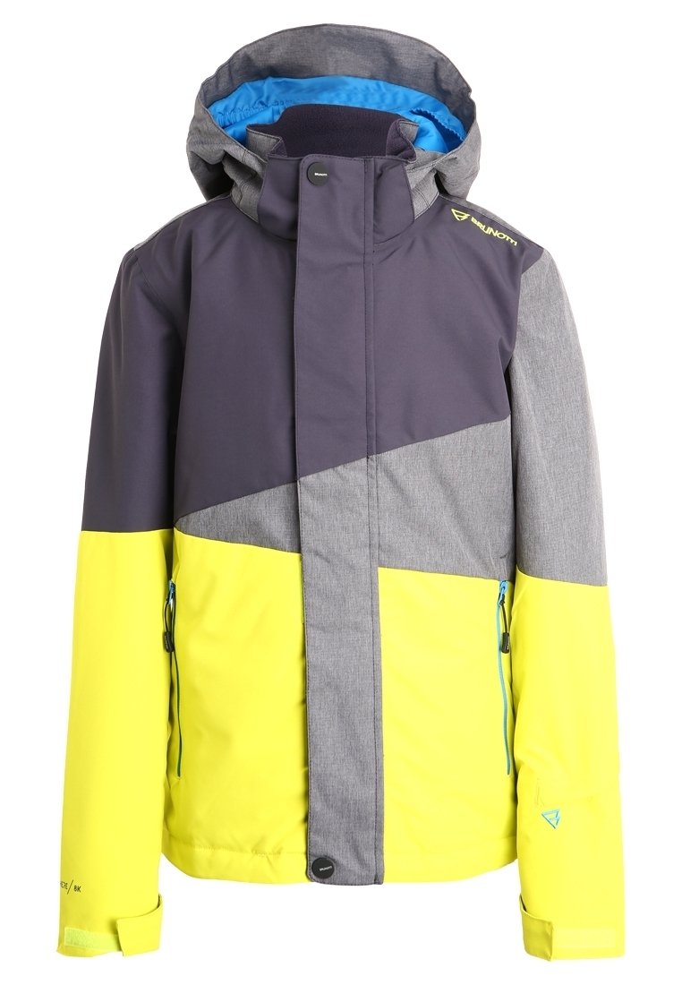 Ski bunda s designem v šedé a jasně žluté barvě s bloky barev, obsahující kapuci, zipové kapsy a nastavitelné manžety. Vyrobena z voděodolného materiálu.