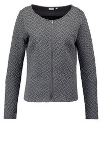 Mørkegrå zip-up cardigan med et struktureret, vævet mønster, lange ærmer og rund halsudskæring. Materialet ser blødt og strækbart ud.