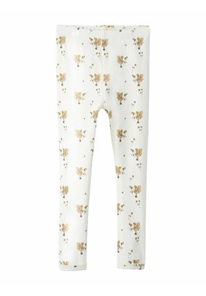 Leggings bianchi con un motivo floreale e dettagli dorati, progettate con una vestibilità aderente e in tessuto morbido e elasticizzato per il massimo comfort.