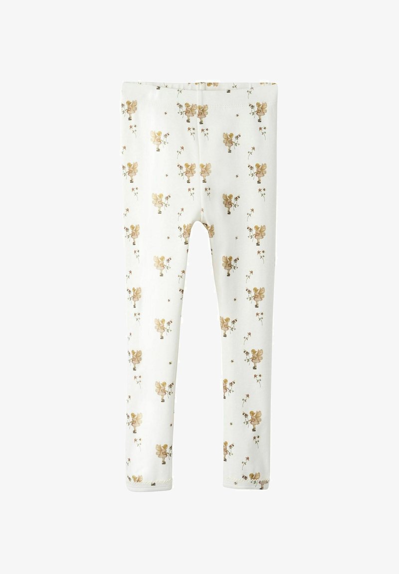 Witte leggings met een bloemenpatroon en gouden accenten, ontworpen met een strakke pasvorm en een zachte, rekbare stof voor comfort.